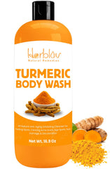 Herblov Ducha con Cúrcuma: botella con tono dorado para limpieza suave.