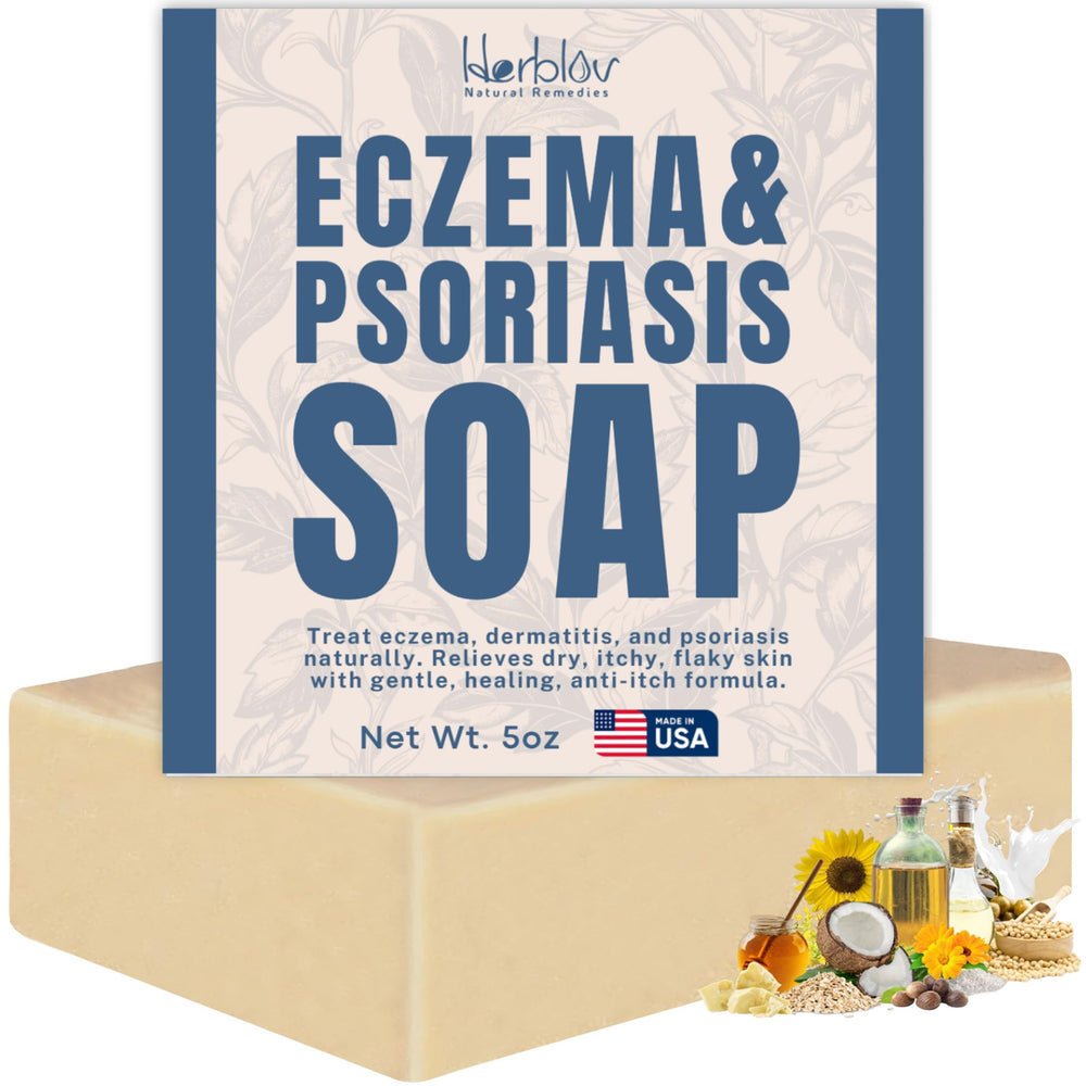 Barra Herblov Eczema en mano, cuidado suave para piel sensible.