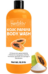 Herblov Kojic Acid Soap bottle front promotes brightening for even skin tone.