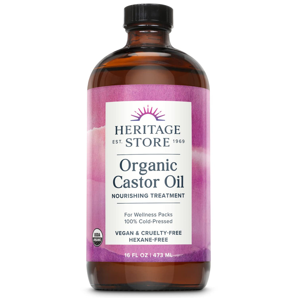 HERITAGE STORE Aceite de ricino en frasco de cristal para hidratación profunda del cabello y piel.