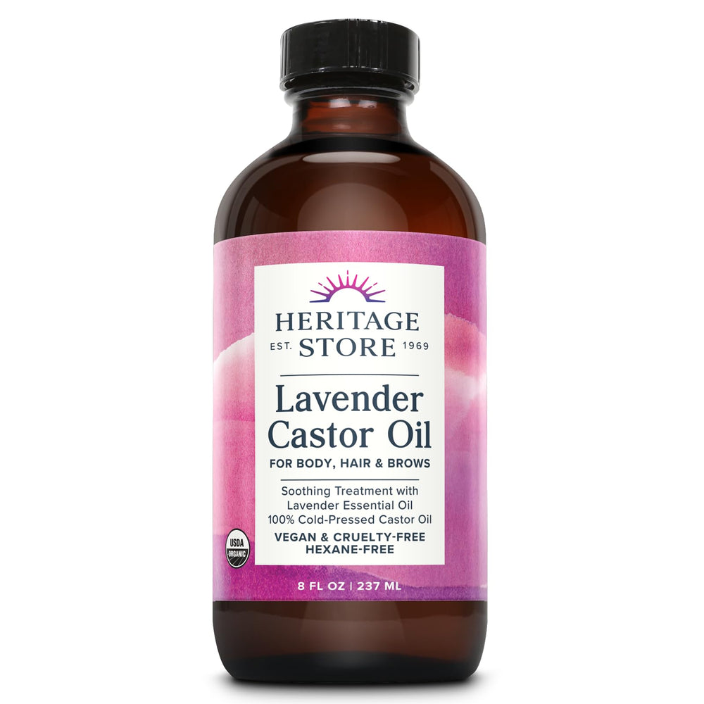 HERITAGE STORE aceite de ricino con lavanda en botella, aroma calmante para cabello y piel.