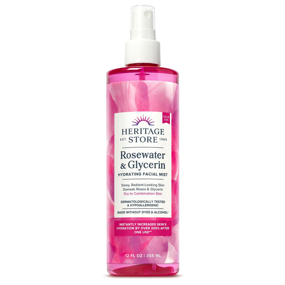 HERITAGE STORE Bruma facial agua de rosas y glicerina, hidratación suave para piel sensible.