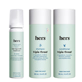 hers Triple Threat Set front packaging shows a vegan, paraben-free routine for fuller-looking hair