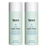 Hims & Hers Hers Triple Threat Shampoo bottle for daily thickening and hydration.