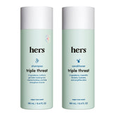 Hers Triple Threat Shampoo bottle showing color-safe formula for daily cleansing.