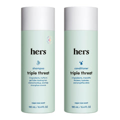 Hers Triple Threat Shampoo bottle showing color-safe formula for daily cleansing.