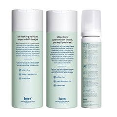hers Triple Threat Shampoo bottle emphasizes cleansing for thicker, healthier-looking hair