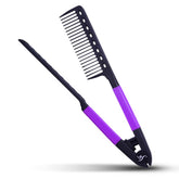 HerStyler straightening comb in purple packaging showing universal fit for flat irons