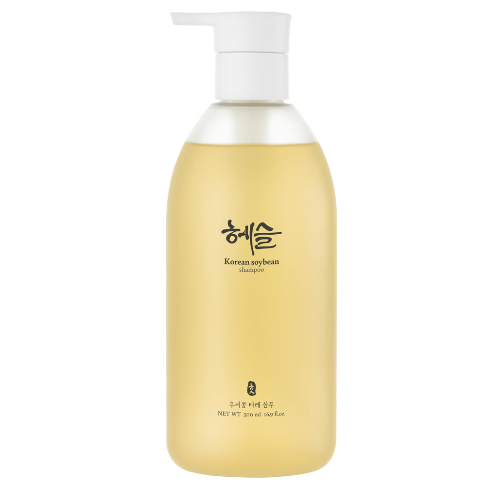 Hesul Korean Soybean Shampoo bottle showing a sulfate-free daily cleansing formula.