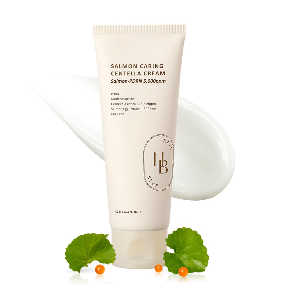 HEVEBLUE Salmon Caring Centella Cream jar with hydrating formula for daily moisture