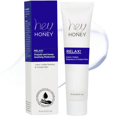 Hey Honey Relax bottle front view showing oil-free rosacea relief for sensitive skin.
