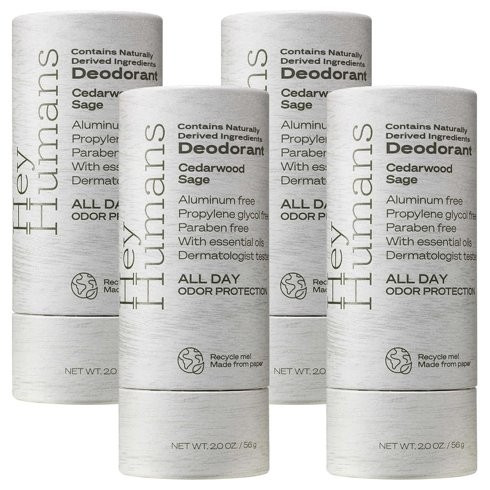 HEY HUMANS cedarwood sage deodorant packaging highlights eco-friendly paper carton
