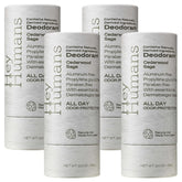 HEY HUMANS cedarwood sage deodorant packaging highlights eco-friendly paper carton