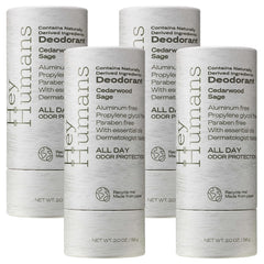 HEY HUMANS cedarwood sage deodorant packaging highlights eco-friendly paper carton