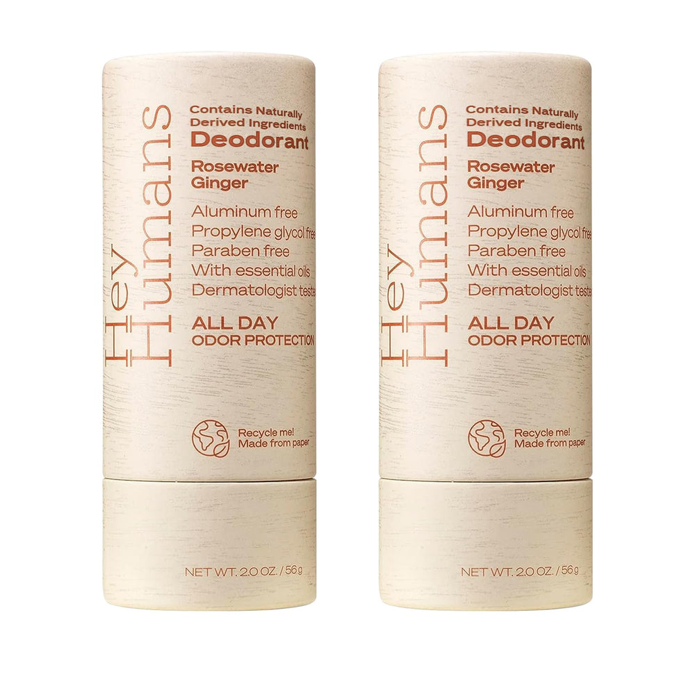 HEY HUMANS desodorante sin aluminio con agua de rosas y jengibre ofrece frescura duradera.