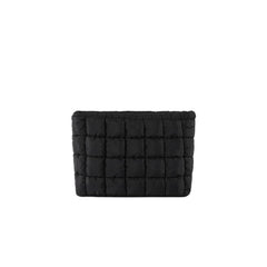 HFLZBRO Puffy quilted makeup bag in black front view for chic travel storage.
