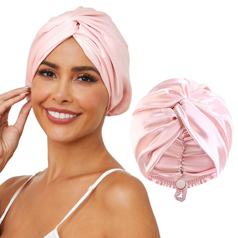 HFRHTGY royal pink silk satin bonnet with adjustable clasp for secure night wear and reduced lines