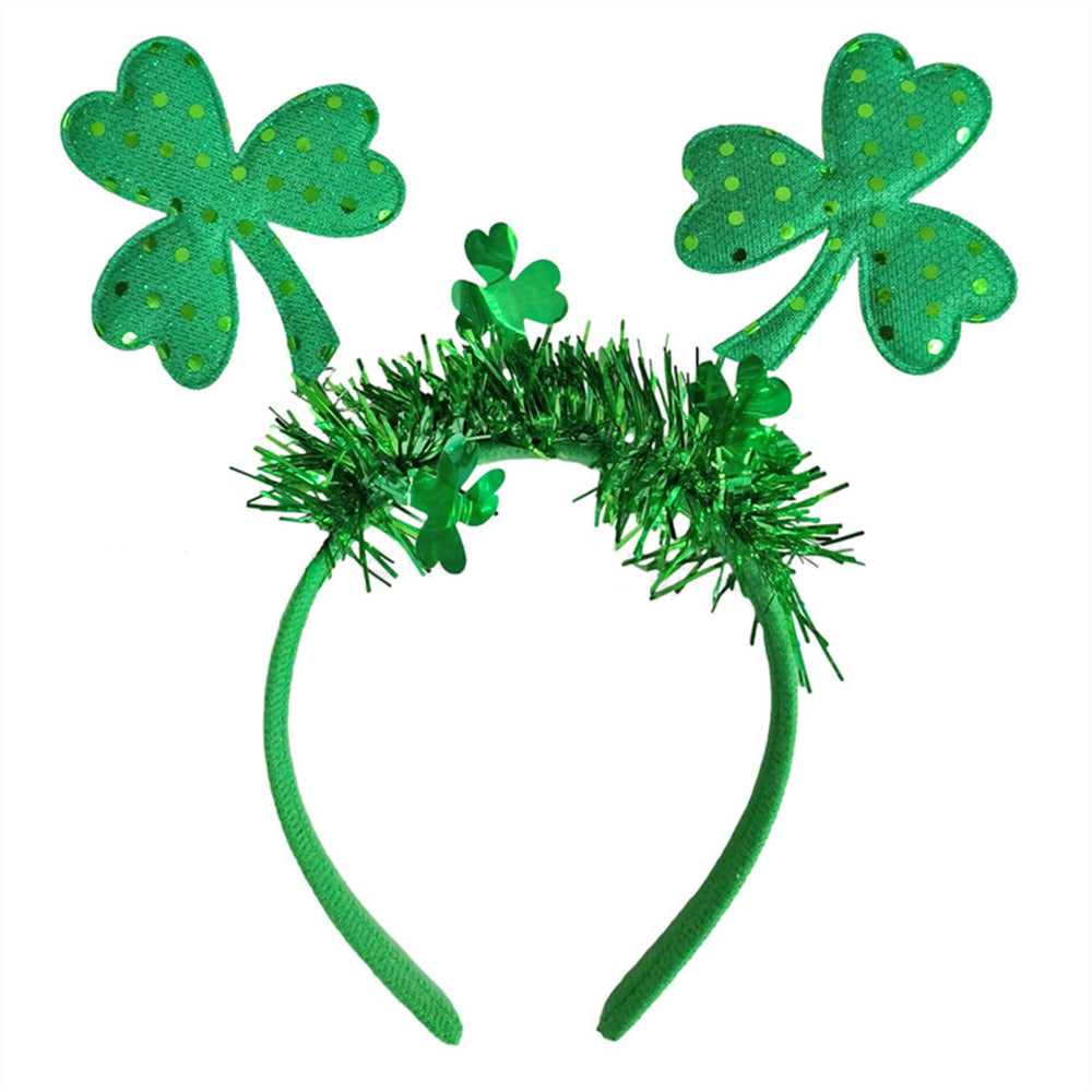 HIFANMM green shamrock headband closeup with sparkling sequins for festive wear.
