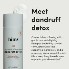Hims & Hers Dandruff Detox Shampoo back label shows vegan, sulfate-free formula