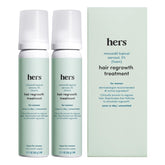 Hims & Hers hair regrowth foam bottle shown for easy daily use.