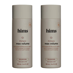 Hims & Hers Max Volume Shampoo bottle showing root lift and fuller-looking hair.