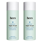 Hims & Hers Triple Threat Conditioner bottle showing hydrating formula for all hair types