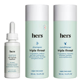 Hims & Hers triple-threat shampoo bottle for color-safe cleansing and volume.