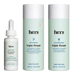 Hims & Hers triple-threat shampoo bottle for color-safe cleansing and volume.