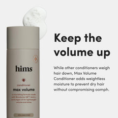 Hims Max Volume Conditioner bottle close-up showing rich lather for gentle conditioning