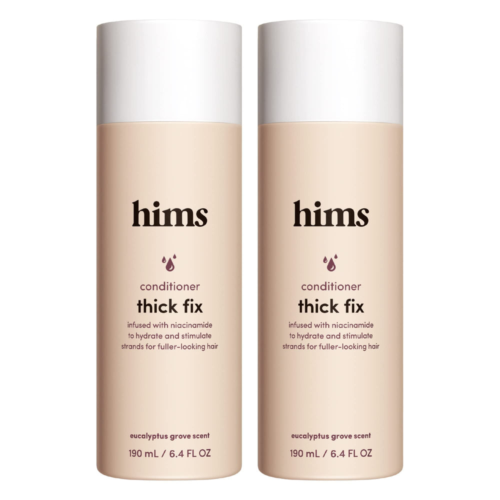 hims Thick Fix conditioner bottle-front, highlighting fuller-looking hair with a vegan formula
