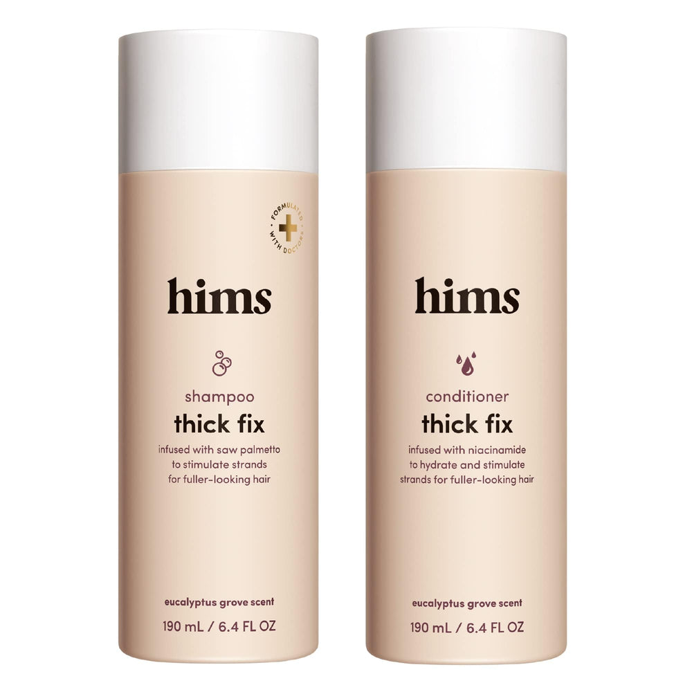 hims Thick Fix shampoo bottle pouring for a refreshing cleanse and scalp care