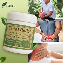 HiRelief Total Relief magnesium cream with MSM and Arnica for soothing daily use.