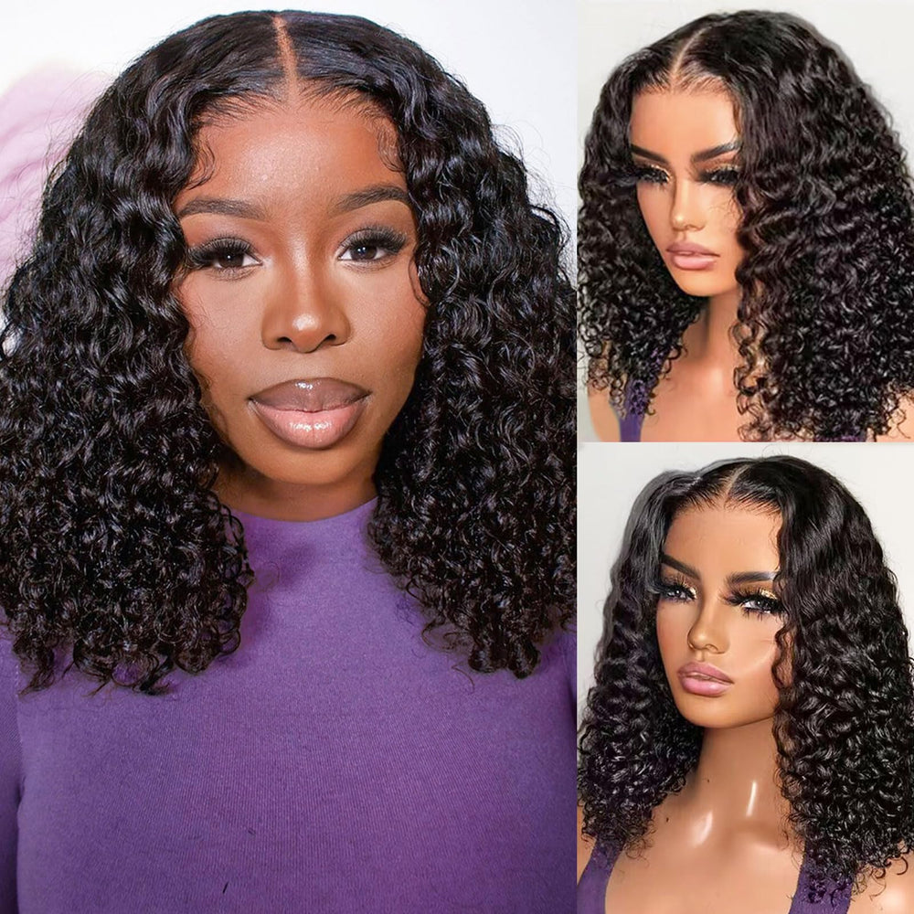 HIRIREMY deep wave bob wig 14 inch close-up; natural movement and shine