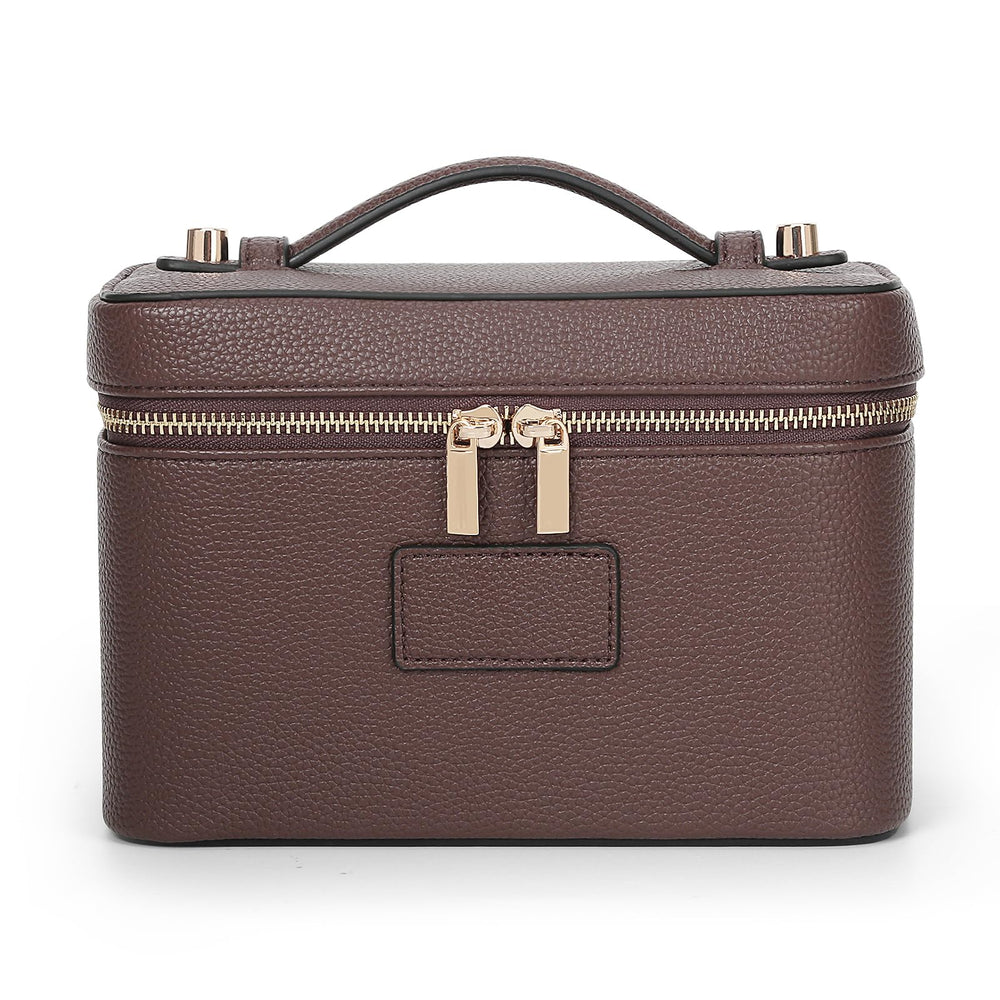 HiTotes leather makeup bag front view showing sleek vanity case design for daily use.