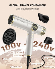 Hittiona dual-voltage travel dryer back view, easy control layout for quick adjustments.