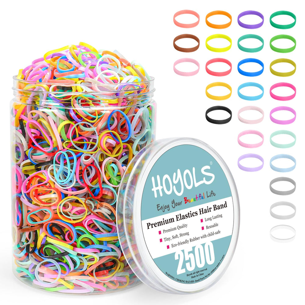 HOYOLS: banda elástica colorida para cabello, 2500 piezas, almacenadas en envase reutilizable.