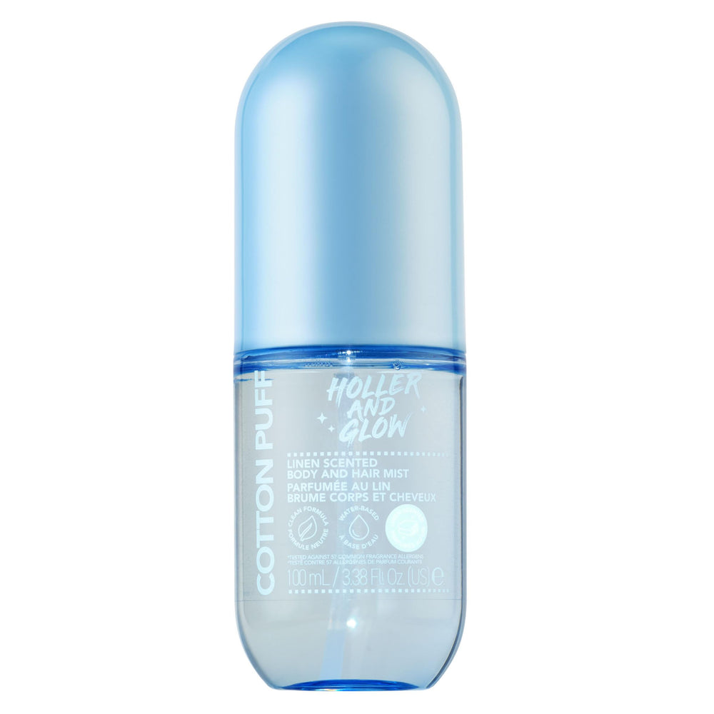 Holler & Glow Cotton Puff Mist bottle with linen scent for daily refreshment.
