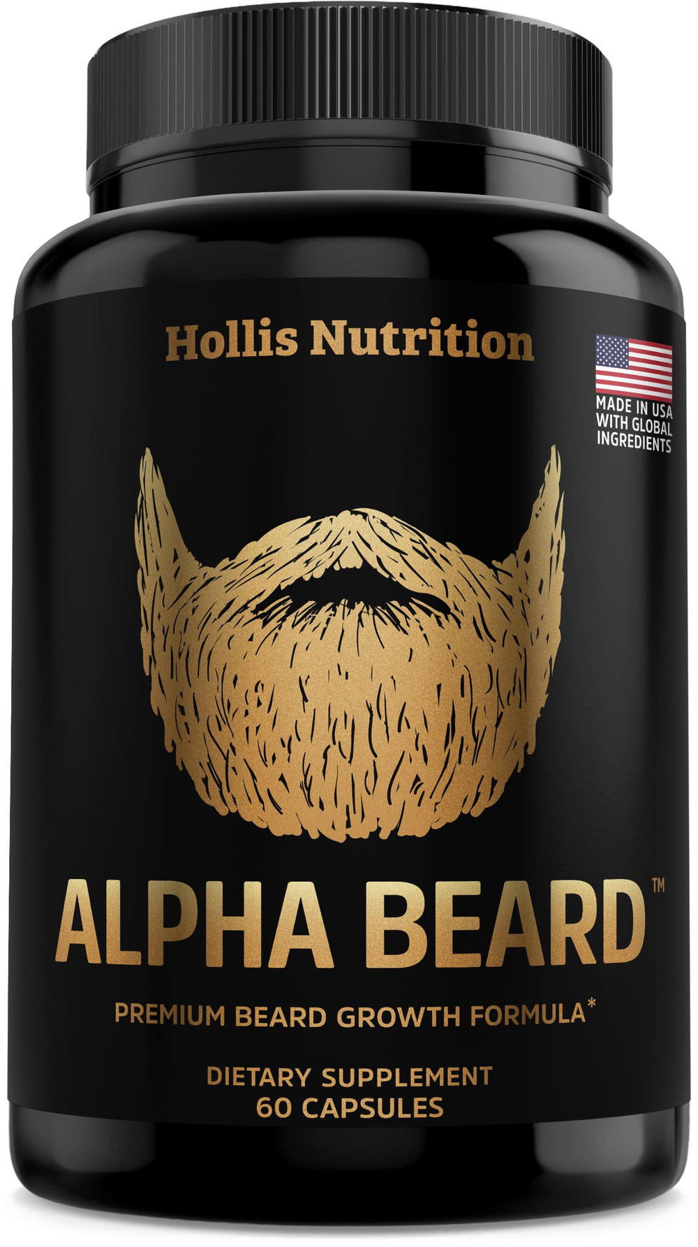 Hollis Nutrition Alpha Beard Growth Vitamins bottle front for easy daily beard support