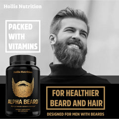 Alpha Beard Growth Vitamins ingredients close-up featuring biotin, collagen, and hyaluronic acid