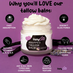 HolyCow grass-fed beef tallow bottle label emphasizes clean ingredients.