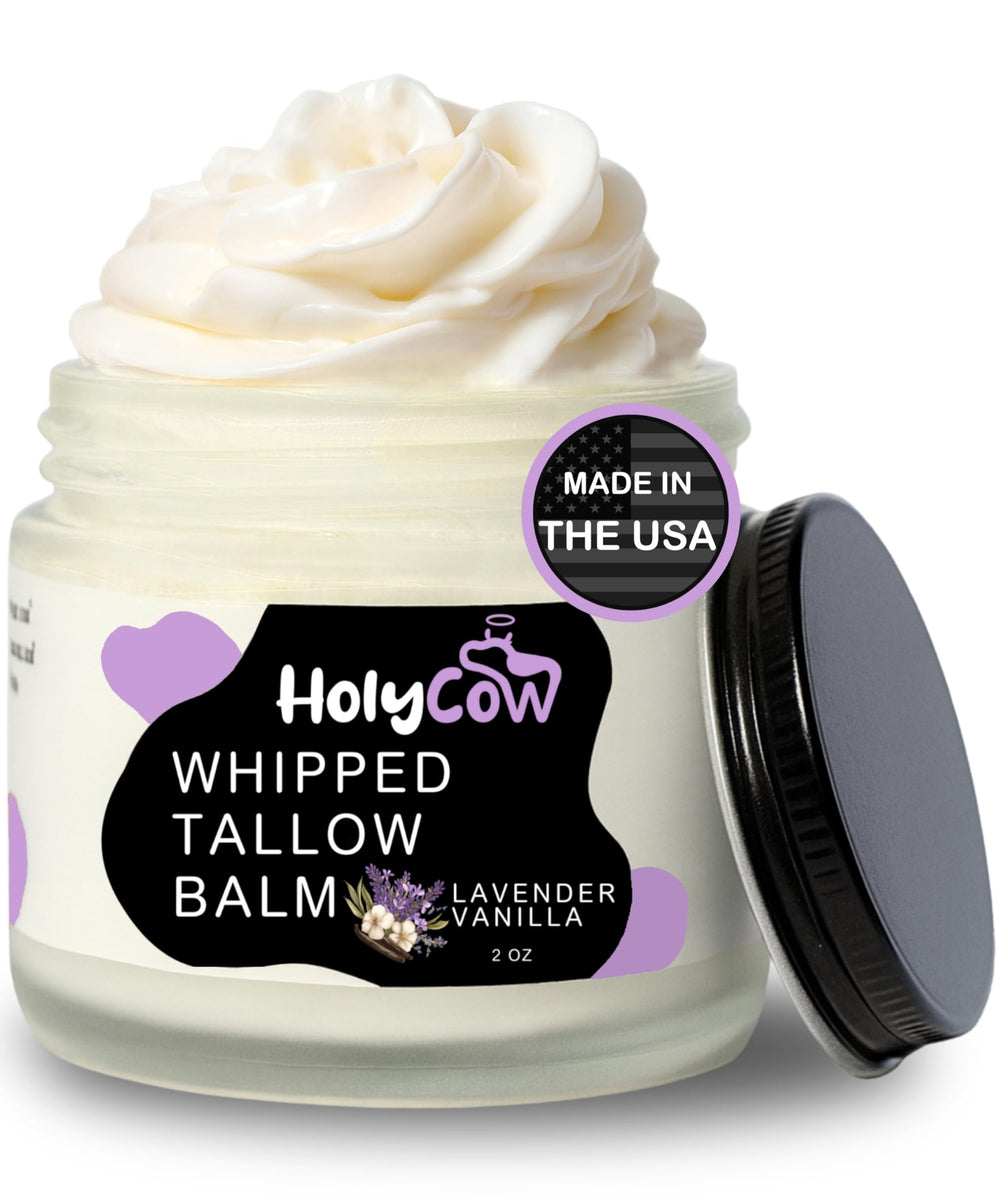 HolyCow whipped tallow balm jar showing lavender-vanilla notes for dry skin hydration.