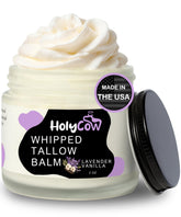 HolyCow whipped tallow balm jar showing lavender-vanilla notes for dry skin hydration.