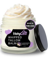 HolyCow whipped tallow balm jar showing lavender-vanilla notes for dry skin hydration.