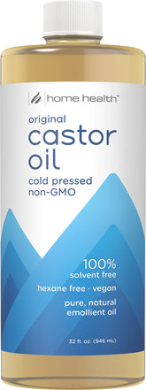 Home Health Original Castor Oil bottle for natural skin hydration.