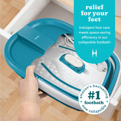 Homedics Smart Space Bubble Mate foot spa with heat maintenance keeps water warm.