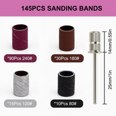 HomTop 145-pcs sanding bands set close-up showing varied grits for shaping acrylics.