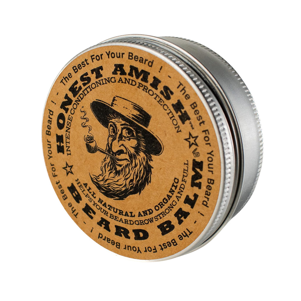 Honest Amish beard balm 4 oz twist tin close-up showing packaging and texture