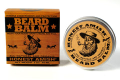 Honest Amish Beard Balm closeup highlighting the tin and natural ingredients.