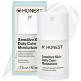 Honest Beauty Daily Calm moisturizer jar closeup, fragrance-free formula for sensitive skin hydration.