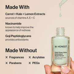 Honest Beauty Daily Green Juice Serum ingredients closeup highlighting green tea and vitamins.